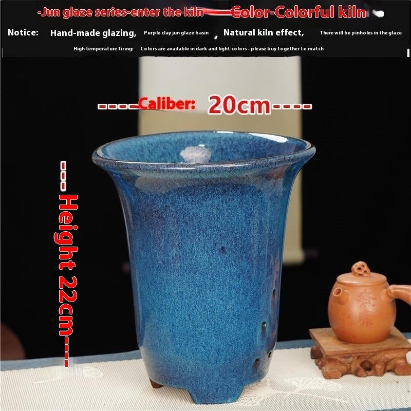 Large Glazed Stone Flower Pot with Purple Clay Pattern