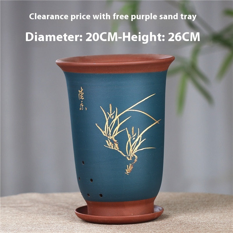 Large Glazed Stone Flower Pot with Purple Clay Pattern