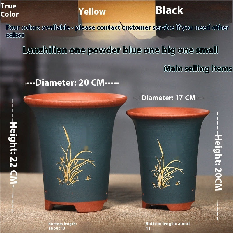 Large Glazed Stone Flower Pot with Purple Clay Pattern