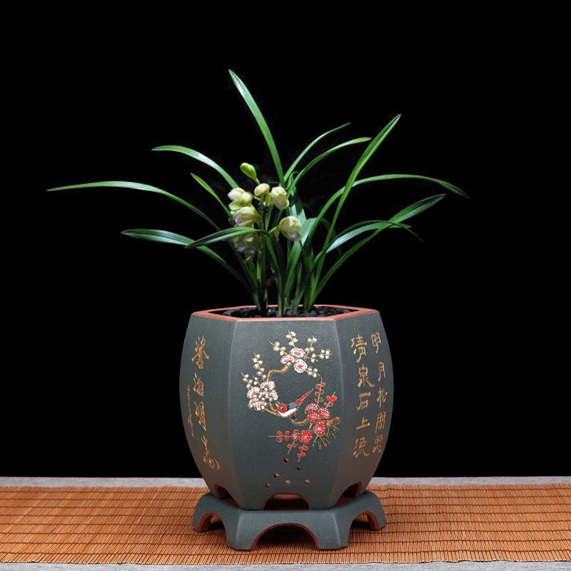 Vintage Hexagonal Orchid Pot with Base Ethnic Sand Design