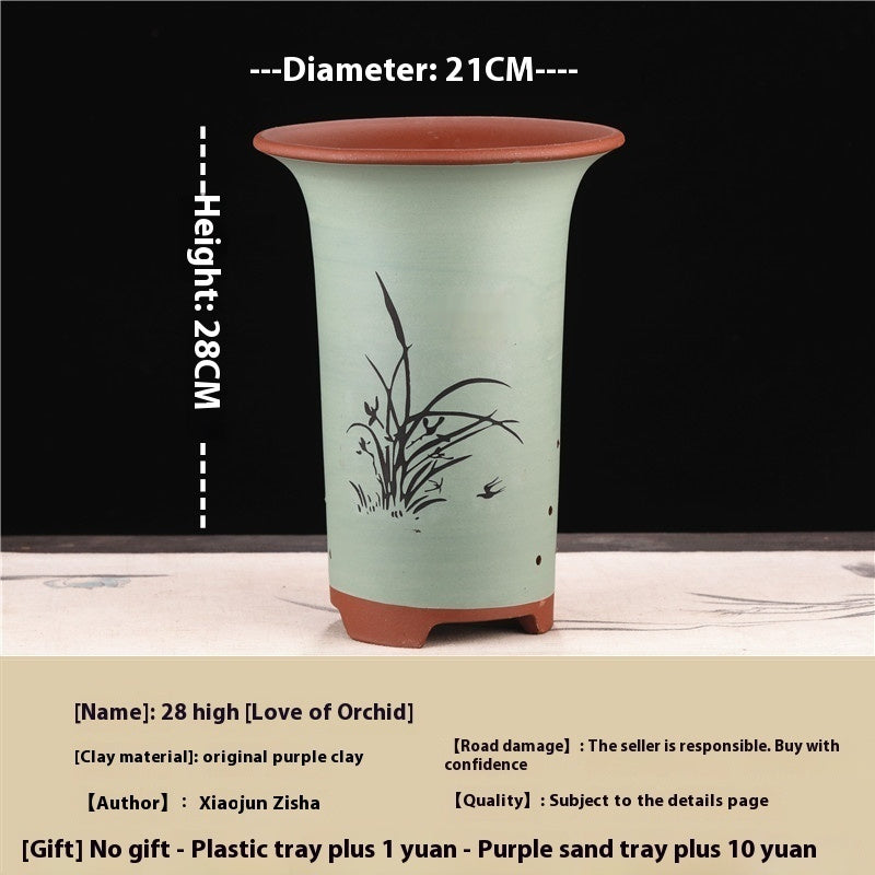 Large Glazed Stone Flower Pot with Purple Clay Pattern
