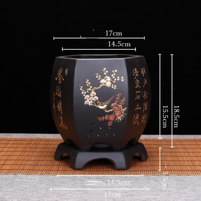 Vintage Hexagonal Orchid Pot with Base  Ethnic Sand Design