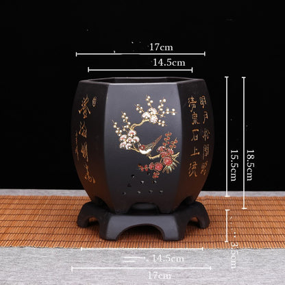 Vintage Hexagonal Orchid Pot with Base  Ethnic Sand Design