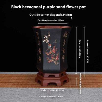 Classical Purple Sand Hexagonal and Carved Pots for Home Gardening