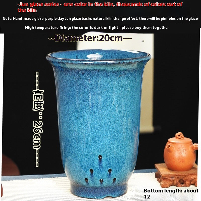 Large Glazed Stone Flower Pot with Purple Clay Pattern