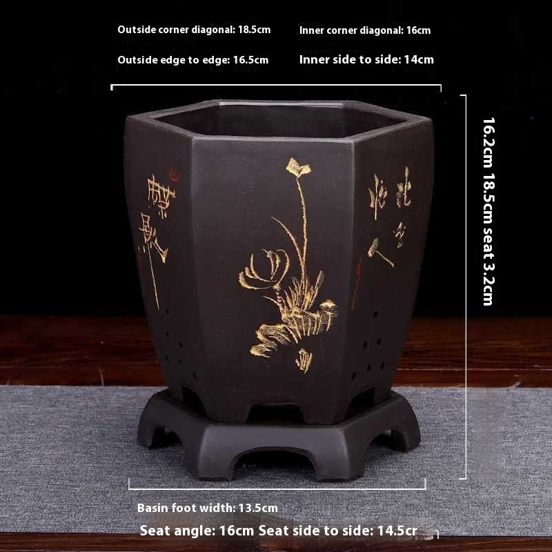 Classical Purple Sand Hexagonal and Carved Pots for Home Gardening