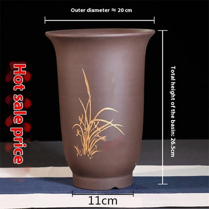 Large Glazed Stone Flower Pot with Purple Clay Pattern