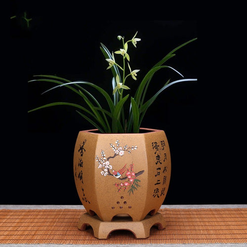 Vintage Hexagonal Orchid Pot with Base  Ethnic Sand Design
