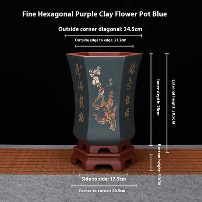Classical Purple Sand Hexagonal and Carved Pots for Home Gardening