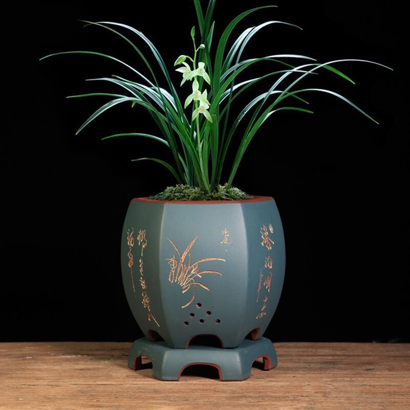 Vintage Hexagonal Orchid Pot with Base  Ethnic Sand Design