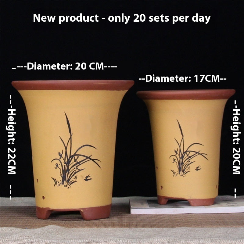 Large Glazed Stone Flower Pot with Purple Clay Pattern