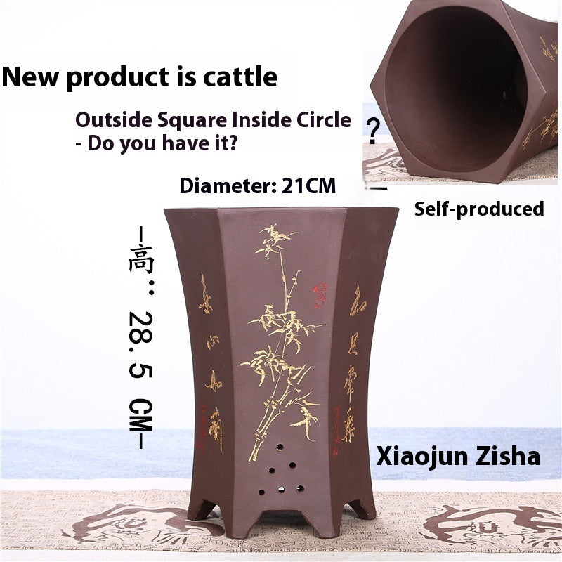 Large Glazed Stone Flower Pot with Purple Clay Pattern