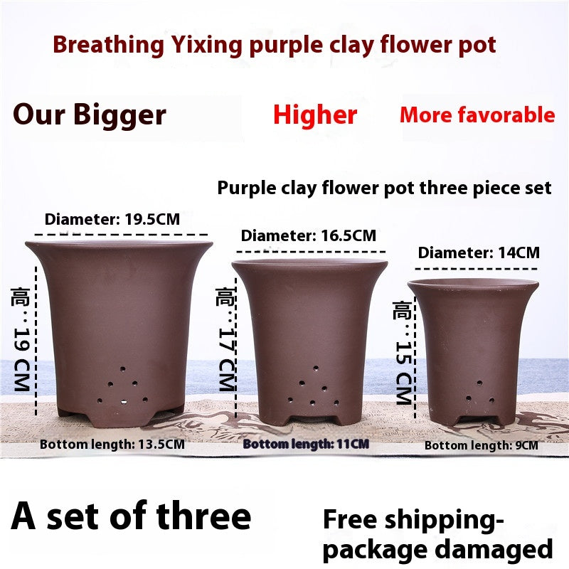 Large Glazed Stone Flower Pot with Purple Clay Pattern