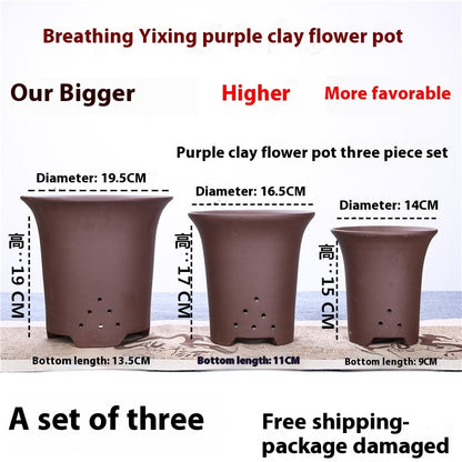 Large Glazed Stone Flower Pot with Purple Clay Pattern