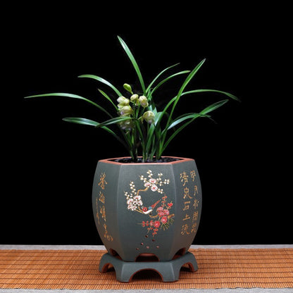 Vintage Hexagonal Orchid Pot with Base  Ethnic Sand Design