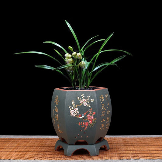 Vintage Hexagonal Orchid Pot with Base  Ethnic Sand Design
