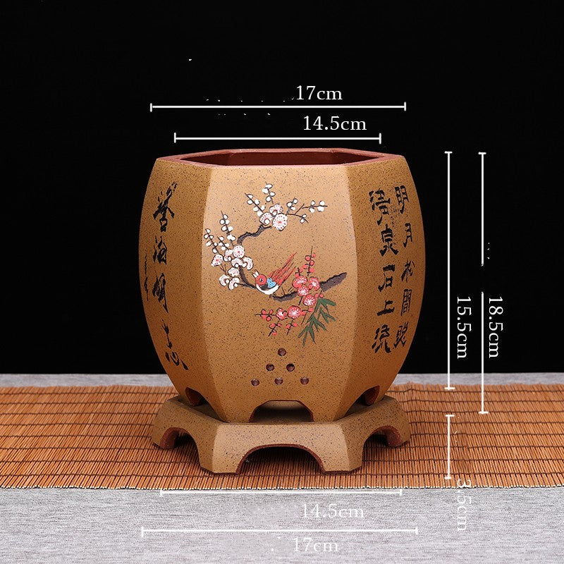 Vintage Hexagonal Orchid Pot with Base  Ethnic Sand Design
