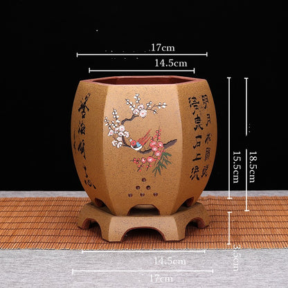 Vintage Hexagonal Orchid Pot with Base  Ethnic Sand Design