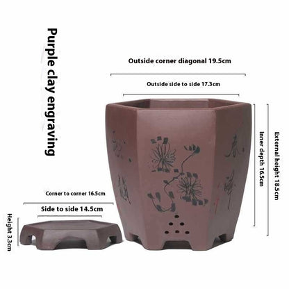 Classical Purple Sand Hexagonal and Carved Pots for Home Gardening