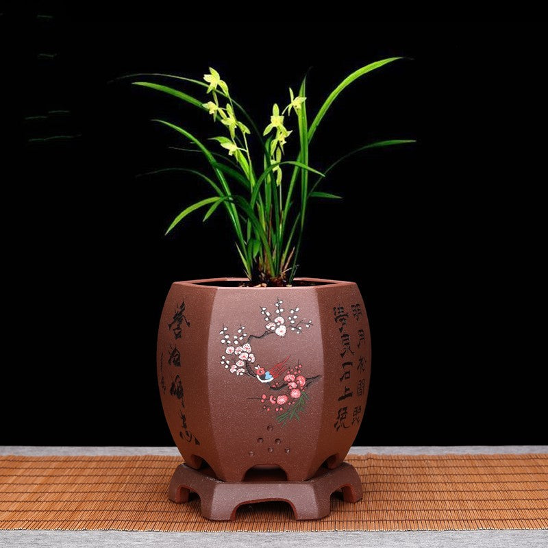 Vintage Hexagonal Orchid Pot with Base  Ethnic Sand Design
