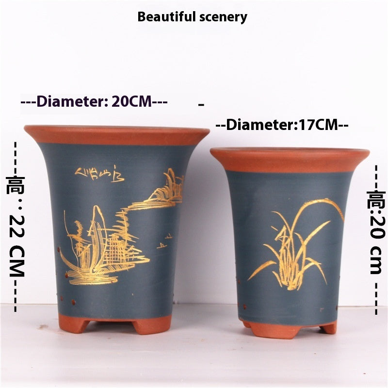 Large Glazed Stone Flower Pot with Purple Clay Pattern