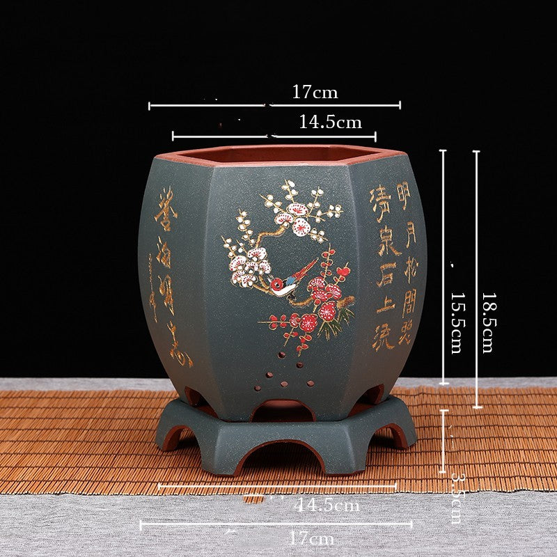Vintage Hexagonal Orchid Pot with Base  Ethnic Sand Design