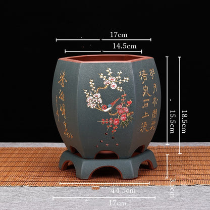 Vintage Hexagonal Orchid Pot with Base  Ethnic Sand Design