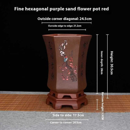 Classical Purple Sand Hexagonal and Carved Pots for Home Gardening