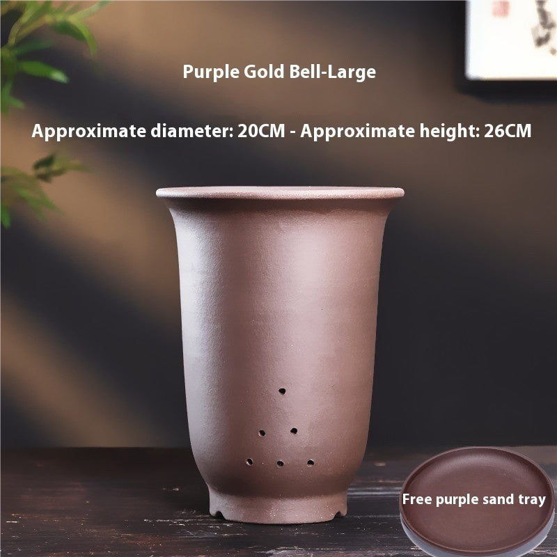 Large Glazed Stone Flower Pot with Purple Clay Pattern
