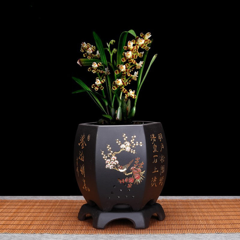 Vintage Hexagonal Orchid Pot with Base  Ethnic Sand Design