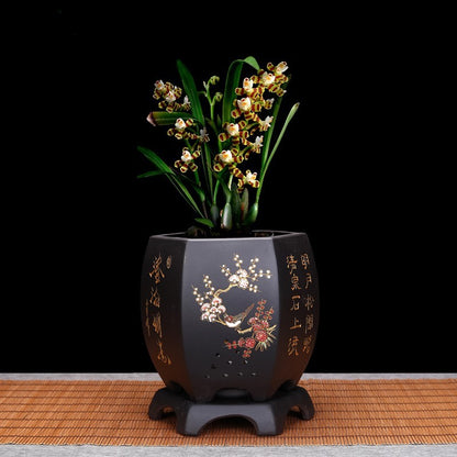 Vintage Hexagonal Orchid Pot with Base  Ethnic Sand Design