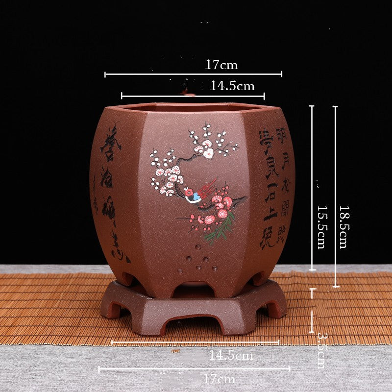Vintage Hexagonal Orchid Pot with Base  Ethnic Sand Design