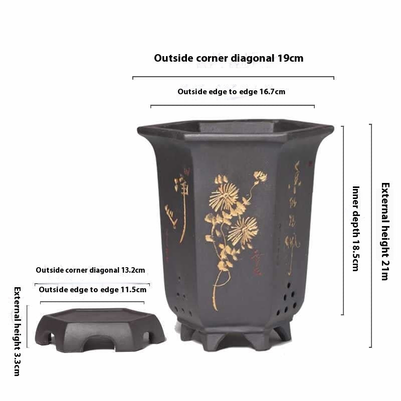 Classical Purple Sand Hexagonal and Carved Pots for Home Gardening