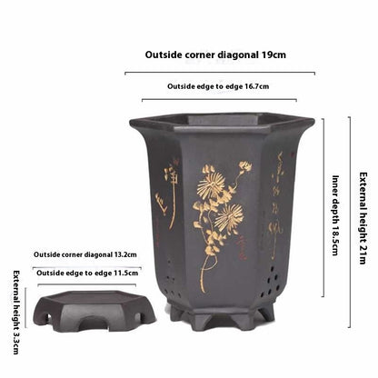 Classical Purple Sand Hexagonal and Carved Pots for Home Gardening